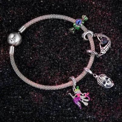 Halloween Series 925 Sterling Silver Skull Heart Pendant Luminous Witch Evil Eyes Candy Bracelet