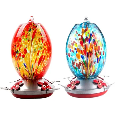 Garden Hummingbird Feeder Hand Blown Glass 800ml Bird Feeders Included S Hooks,Brush Hemp Rope,Ant Moat for Outdoors