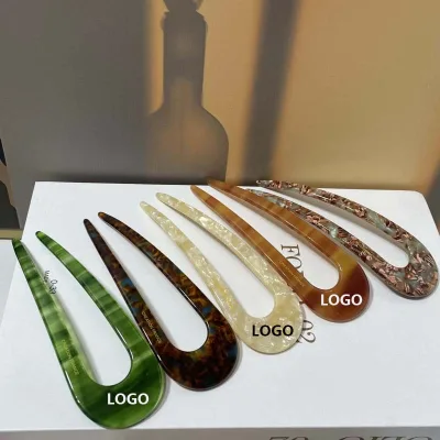 Factory Custom Logo U Shaped Hairpins Long Acetate Hair Forks & Stick Tortoise Color Women Girls Hairstyle Accessories