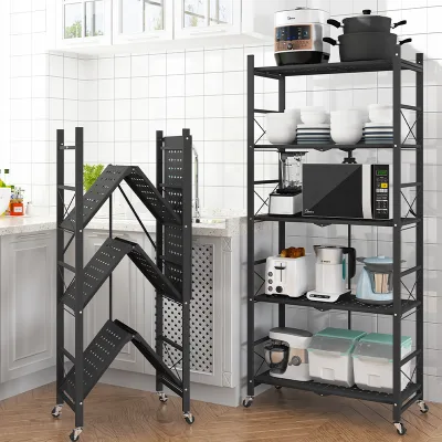 3/4/5 Layers Shelves Foldable Metal Shelf Rack Mobile Kitchen Storage Organizer Shelving Unit