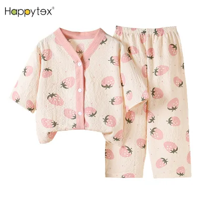Home Summer Girl Boy Cartoon Floral Animal Sleepwear Soft Short Sleeve Top With Long Pants 2PCS Pajama Set for Kids Home Indoor