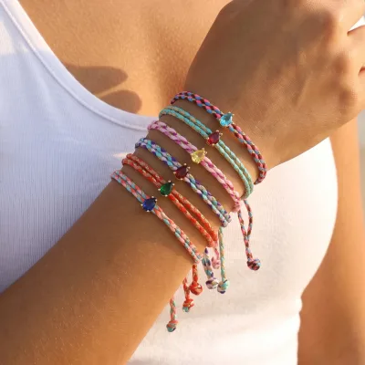 Handmade Colorful Braided Rope Birthstone Bracelet Adjustable Woven Cord Pear Teardrop Zirconia Charm Summer Beach Birthday Gift