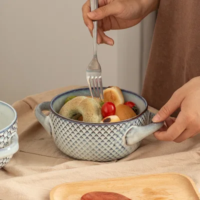 Harmony Nordic Retro Kiln Change Geometric Embossed Double Ear Bowl Household Restaurant Noodle Soup Rice Bread Bowl