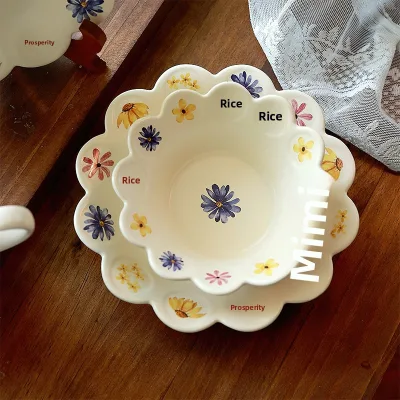 Korean-style Plant Floral Lace-Edged Microwave Safe Irregular Shape Ceramic Dessert Plate for Cake Sweet Dish Breakfast Fruit