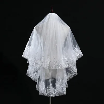 Two Layers Ivory Beaded Short Wedding Veils