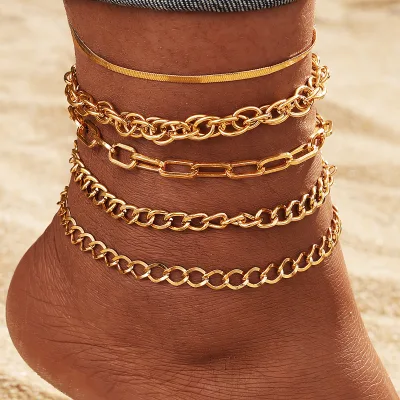 5Pcs/Set Punk Style Gold Color Snake Bone Chain Anklet Set