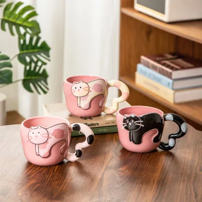 Creative Cat Mug Coffee Cup Home Office Cute Relief High Beauty Ceramic 300-400ml Breakfast Cup Gift