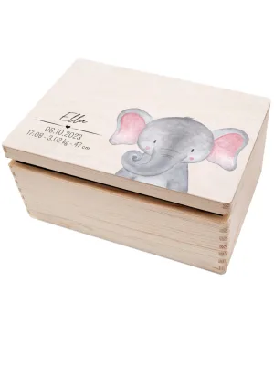 Wunderwunsch Personalized Rectangle Baby Memory Box Special Print Wooden Keepsake Box Gift Birth (Elephant M-Lid)