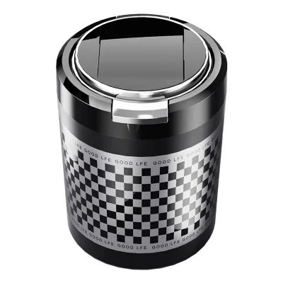 High-end Popular Portable Leakproof Plastic Removable Car Ashtray Black White Grid Design Interior Accessories Easy Washable LED