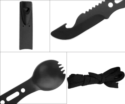 Jukaiwtec Outdoor Stainless Steel 2-Person Spoon Fork Knife Set Whistle Camping Survival Tool Hiking Hunting Multifunctional