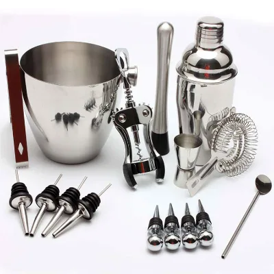 Factory 16pcs Stainless Steel 1.5L Wine Ice Bucket Filter Stirrer Gift 700ml Cocktail Shaker Bartender Kit bar Set