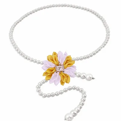 Dainty Golden and White Tone Satin Flower Making Sorority Body Jewelry Waist Chain Length Adjustable Philo Pearl Women Belt