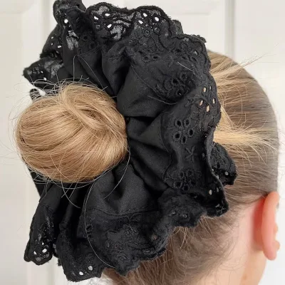 Anglaise Scrunchie White Black Red French Lace Frill Scrunchies Handmade Double Layered Hair Accessories
