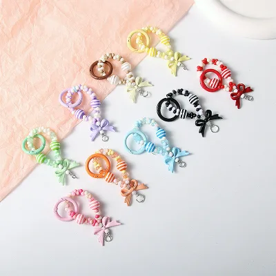 New Alloy Bow Pendant with Striped Beads Wrist Strap DIY Keychain Phone Chain Bag Hanging Decoration