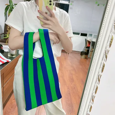 Korean Style Knit Tote Bag Vest Shaped Colorful Fashion Yarn Striped Handbag Custom Knitted Hand Carry Bag for Women