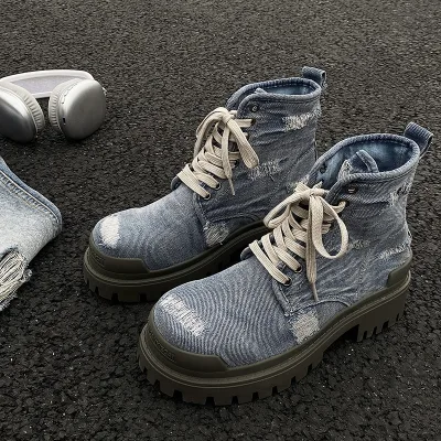 Ripped Denim Vintage Distressed Short Thick-Soled Front Laces Breathable Heightening Summer Work Boots Men Rubber Outsole