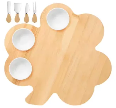 Rectangular Bamboo Cutting Board Tray with 3 Dipping Bowls, 4 Charcuterie Knives, Kitchen & Party Charcuterie Board
