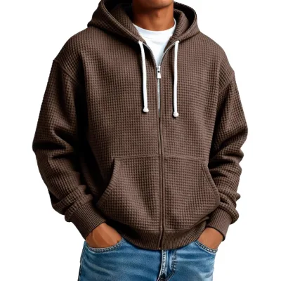 Wholesale Custom Logo Men's Waffle Knit Zip up Hoodie Casual Pullover for Winter