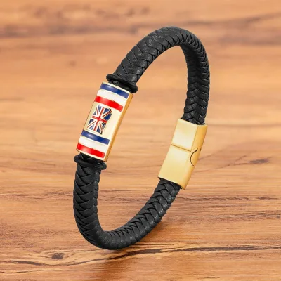 UK Flag Braided Leather Bracelet Stainless Steel Enamel Bar Magnetic Clasp Wristband Men British Flag Bangle Jewelry