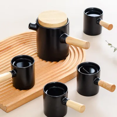Creative Japanese Ceramic Tea Set With Wooden Handle One Pot and Four Cups Gift Box Packaging