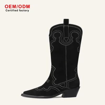 Vintage Embroidered Pointed-Toe Cashmere Western Cowboy Boots Mid-Calf Riding Boots Genuine Leather Women's Western Boots