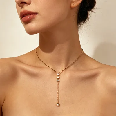 Wholesale Y Shape Tassel Zircon Necklace Stainless Steel Gold Plated Clavicle Chain for Women Adjustable Length Dainty Jewelry