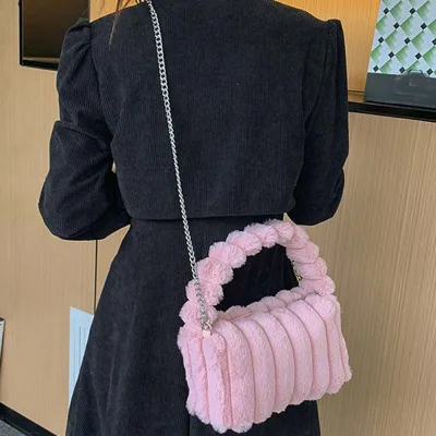 Wrinkles Fashion Casual Tote Crossbody Zipper Portable Plush Bags Womens Handbags Lady Chain Shoulder Bags