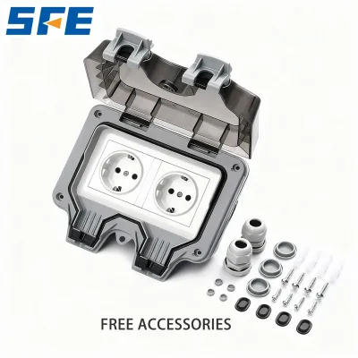 SFE IP66 Waterproof 16A Dual Germany Standard Wall Socket with 2 AC Outlets 250V Grey for Outdoor Garden