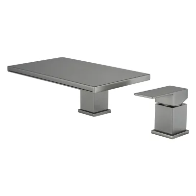 Wide Flat Waterfall Gunmetal Bathroom Faucet 2 Hole Single Wing Lever Deck Mount Wide Platform Spout Basin Faucet