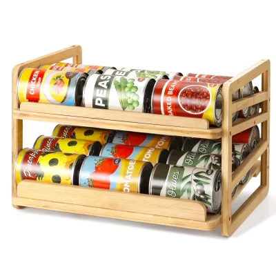 Double-Layer Bamboo Rolling Can Organizer Rack Stackable Countertop Kitchen Cabinet Pantry Shelf Canned Goods Coat Stands