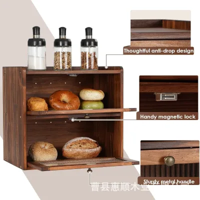 Modern Minimalist Double-Layer Flip-Top Glass Lid Wood Bread Box for Kitchen Storage of Bread Pastry Dessert