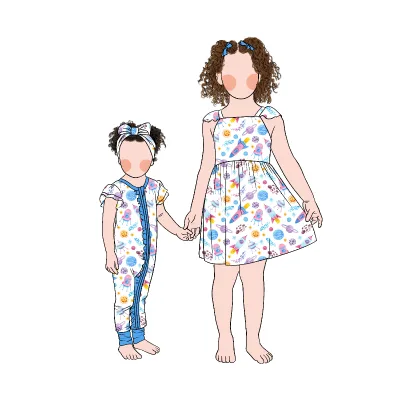 High Quality Custom Flutter Sleeves Front Ruffle Convertible Zipper Romper Pajamas Dress Set for Baby Girls Toddler Sisters