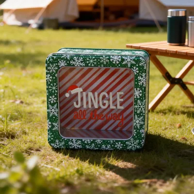 Square Christmas Tin Box with Clear Window, Custom Printed Snowflake Metal Case with Removable Lid
