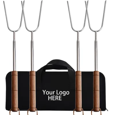 Walnut wood LONG handle bbq Skewers  Long Handle All-Stainless Steel 4-Piece Set Dishwasher-Safe for Fire Pits Campfires