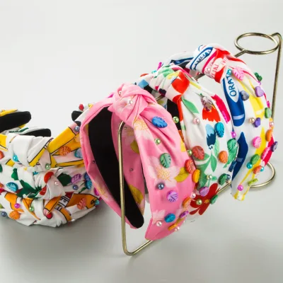 Korean Fashion Sweet Temperament Beaded Printed Headband High Quality Fabric Leaf Accessories Hair Accessories