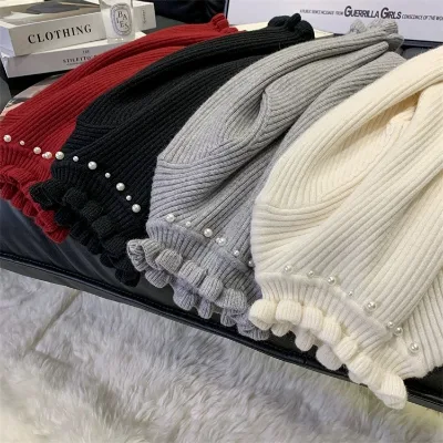 Girls Winter Korean Cotton Thickened Softened Solid Color Lace Trim Lotus Leaf Collar Knit Sweater Little Girls