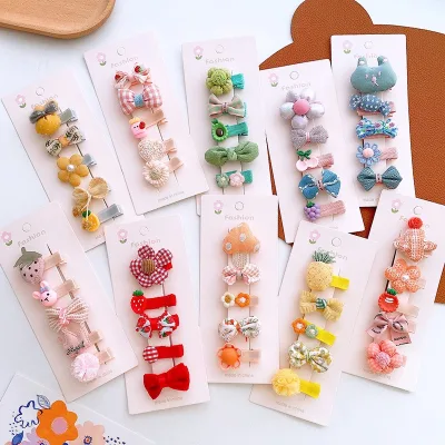 5pcs/Set Children Hair Clips Set Bowknot Flower Sweet Fruit Cartoon Shape Hairpins for Kids Girls Gift Daily Use