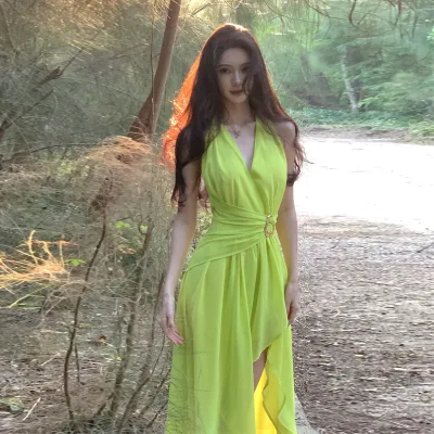 Ruffled Neckline Dress with High Slit and Long Dress with Backless Design for Beach Vacation Photoshoot