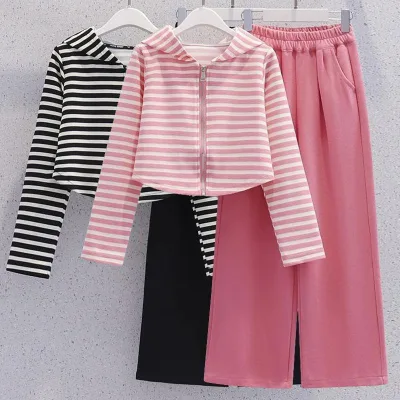 New Spring and Autumn Children's Sports Zipper Top and Wide-leg Pants Two-piece Set for Girls