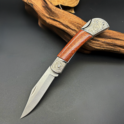 Vintage Stainless Steel Folding Knife with Solid Wood Handle for Outdoor Camping Survival Knife