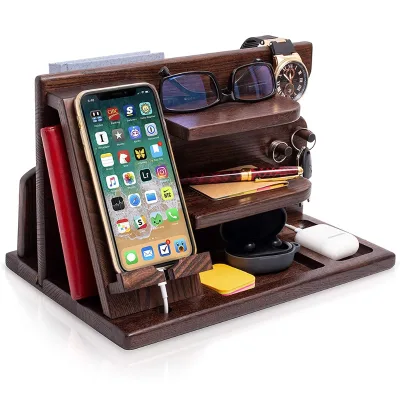 High Quality Wood Phone Docking Station Wooden Cell Phone Wallet Watch Stand