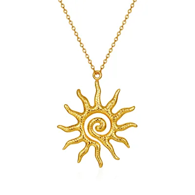 Vintage Chic Golden Stainless Steel Necklace with Sun Shaped Pendant Link Chain Statement Fashion Jewelry Gift
