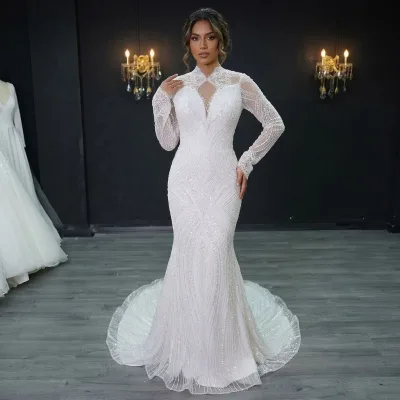 2026 New Bridal Gowns Luxury Elegant Sequins Long Sleeve V-neck Long Train Mermaid Wedding Dress