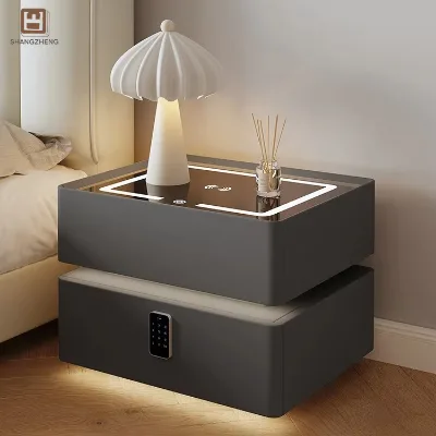 Modern Simple Dark Grey Bedside Table, Transparent Glass Panel + Hidden Night Light Black Control Button