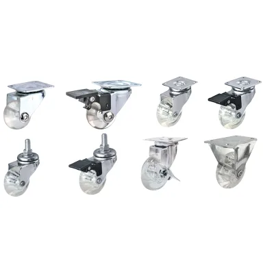 Clear PU Swivel Caster Wheel Set with Brake Top Plate and Threaded Stem Castor for Furniture Display Rack and Cart