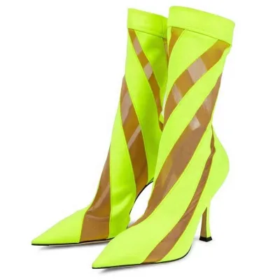 Pointy Toe Patchwork Stripe Sock Boots 2022 Spring Summer Fashion High Heel Ankle Boots Soft Breathable Shoes Short for Lady 45
