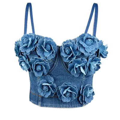 Summer New Women's Handmade Nail Bead Flower Embellishment High-end Sexy Camisole Vest Denim Fishbone Corset