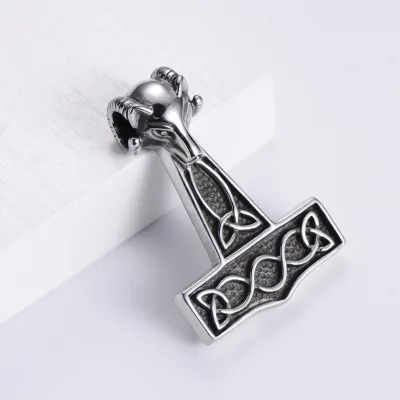 Europe and America Antique Stainless Steel Nordic Viking Sheep Head Thor's Hammer Pendant Men's Jewelry Wholesale