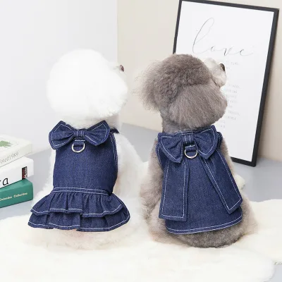 New Dog Dress Clothes for Dogs Cats Fashion Denim Skirt T Shirt Pet Harness for Small Puppy Princess Costume Pet Supplier