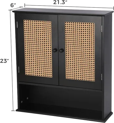 Bathroom Medicine Cabinet Wall Mounted Black Rattan Storage Cabinet Towel Cabinet for Bathroom Storage Over the Toilet